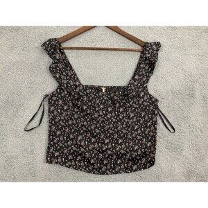 NWT FREE PEOPLE Merile Flutter Detail Ditzy Floral Smock Back Top Black Large